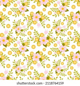 Seamless summer pattern. Floral ornament. Chamomile, dandelion and green branch. Endless background for textiles. Printing on fabric and wrapping paper.