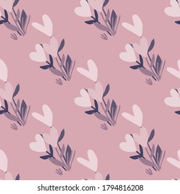 Seamless summer pattern with floristic heart silhouettes. Light purple and violet tones botanic print. Stylized design. Great for wrapping paper, textile, fabric print and wallpaper. Vector