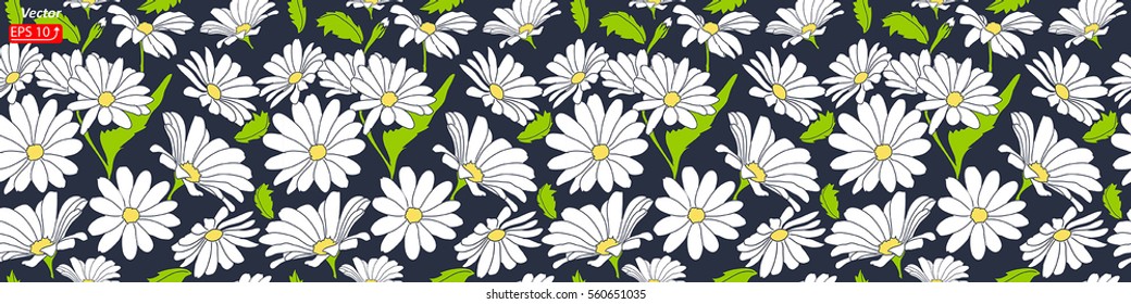 Seamless summer pattern flower white daisy on dark blue background vector illustration