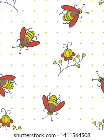 Seamless summer pattern with flowers and beetles. Children vector background.