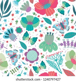 Seamless Summer Pattern with Flowers, Branch of Palm, Leaves, Butterfly. Creative Floral Texture. Great for Wallpaper, Fabric, Textile. Vector Illustration.