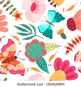 Seamless Summer Pattern with Flowers, Branch of Palm, Leaves, Butterfly. Creative Floral Texture. Great for Wallpaper, Fabric, Textile. Vector Illustration.