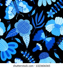 Seamless Summer Pattern with Flowers, Branch of Palm, Leaves, Butterfly. Creative Floral Texture. Great for Wallpaper, Fabric, Textile. Vector Illustration.