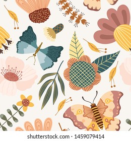 Seamless Summer Pattern with Flowers, Branch of Palm, Leaves, Butterfly. Creative Floral Texture. Great for Wallpaper, Fabric, Textile. Vector Illustration.