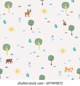 Seamless Summer Pattern with forest animals. For backgrounds, wallpapers, fabric, prints, textiles, wrapping, cards, cover.