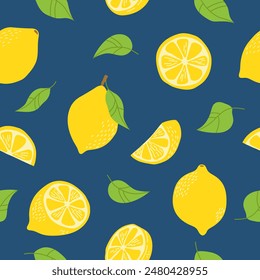 Seamless summer pattern with fresh lemon whole, full, half, slice, leaf. Fruits. Freehand vector illustration on dark background