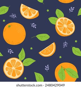 Seamless summer pattern with fresh orange, full, half, slice, leaves. Fruits. Freehand vector illustration on dark background