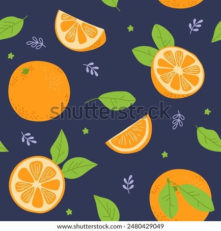 Seamless summer pattern with fresh orange, full, half, slice, leaves. Fruits. Freehand vector illustration on dark background
