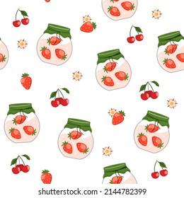 Patrón veraniego inmaculado con fresas frescas, cerezas y mermelada en un fondo blanco. Ilustración plana vectorial. La impresión es adecuada para textiles, papel pintado y embalaje