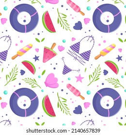 Patrón veraniego sin foco. Helado de frutas, traje de baño, sandía, hojas, flotador de concha de pez marino Patrón vectorial