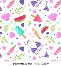 Seamless summer pattern. Fruit ice cream, swimsuit, watermelon, leaves, seafish, shell, float. Vector pattern for packing