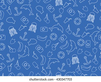 Seamless summer pattern with fruit and objects. Vector.