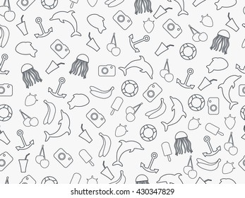 Seamless summer pattern with fruit and objects. Monochrome.