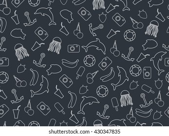 Seamless summer pattern with fruit and objects. Monochrome.