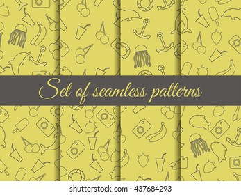 Seamless summer pattern with fruit and objects. Vector.