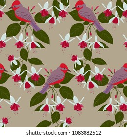 A seamless summer pattern with fuchsia flowers, exotic birds. For decorating textiles, packaging and wallpaper.Vector illustration.