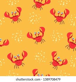 Seamless summer pattern. Funny crabs on yellow sand. Cartoon cute style. Vector illustration. Summer background. For printing on paper, textiles.