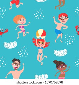 Seamless summer pattern. Funny guys and girls in swimsuits on the background of the sea and clouds. Summer vacation at sea. Cartoon cute style. Vector illustration.  For printing on paper, textiles.