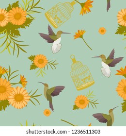 Seamless summer pattern with gerberas, cage and hummingbirds. For decorating textiles, packaging and wallpaper.Vector illustration.
