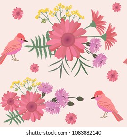 Seamless summer pattern with gerberas, cornflowers and exotic birds. For decorating textiles, packaging and web design. Vector illustration.