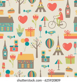Seamless summer pattern with girl on bicycle, Eiffel Tower, photo camera, balloon and cakes. Vector illustration.