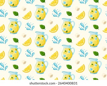 Seamless summer pattern with glass pitchers of lemonade, lemon slices, sugar and mint leaves. Cartoon vector background.