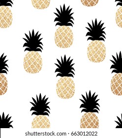 Seamless summer pattern with gold pineapples texture.