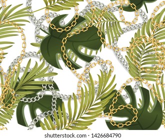 Seamless summer pattern with gold and silver chains, tropical leaves. Trendy fashion print