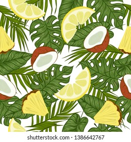 seamless summer pattern with green palm leaves, slices of ananse, lemon slices, coconut. vector image