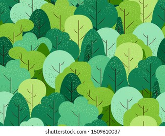Seamless summer pattern with green simple flat textured trees. Abstract stylized plant silhouettes. Vector illustration. 