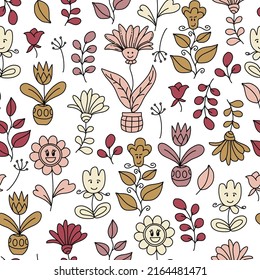 Patrón veraniego sin inconvenientes con pegatinas de estilo hippie y groovy. Positivo 60, 70 estilo retro. Fondo, papel pintado, diseño textil para niños, niños. Diseño de patrones de dibujos animados.