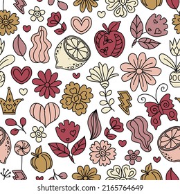 Seamless summer pattern with groovy, hippie style stickers. Positive 60s, 70s Retro style. Background, wallpaper, textile design for children, kids. Cartoon pattern design.