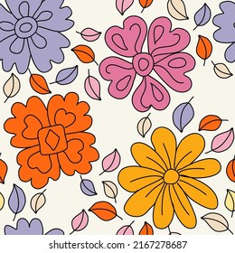 Seamless summer pattern with groovy, hippie style stickers. Positive 60s, 70s Retro style. Background, wallpaper, textile design for children, kids. Cartoon pattern design.