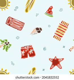 Seamless summer pattern. Hand draw accessories for beach holidays by the sea. Doodle Illustration for ads, web, flyers, and banners. Set of drawn by hand icons. Summer fruits, food, transport and