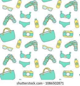 Seamless summer pattern with hand drawn beach elements such as sunglasses, foto camera, swimsuit, tote bag, slipper, sunscreen. Fashion print design, vector illustration.