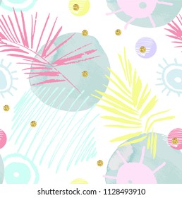 Сolorful seamless summer pattern with hand drawn elements. Trendy hand drawn textured palm leaf.