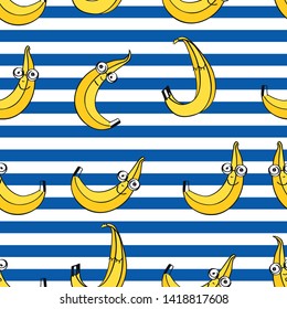 Seamless summer pattern with hand drawn cute bananas for textile, wallpapers, gift wrap. Background with blue and white stripes.