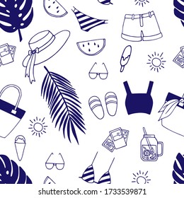 Seamless summer pattern with hand drawn elements. Illustration for cards, posters, textile and other design.