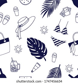 Seamless summer pattern with hand drawn elements. Doodle illustration for cards, posters, textile and other design.
