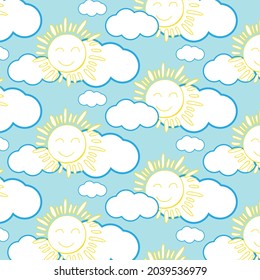 Seamless summer pattern with hand drawn sun and clouds. Illustration for cards, posters, banners, testile and other design.