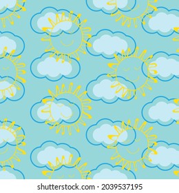 Seamless summer pattern with hand drawn sun and clouds. Illustration for cards, posters, banners, testile and other design.