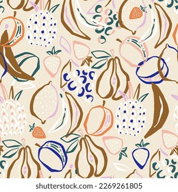 Seamless summer pattern with hand drawn fruits. Modern fruit background. Vector illustration 