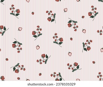 Seamless summer pattern with hand drawn strawberries and hand painted stripes vinatge style ,Design for fashion , fabric, textile, wallpaper , wrapping and all prints 
