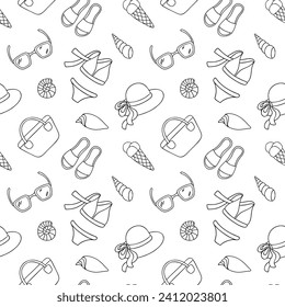 Seamless summer pattern with hand drawn beach elements such as sunglasses, hat, bikini, shells, bag, flip flops.