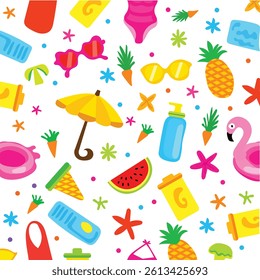 Seamless summer pattern with hand drawn beach elements. Vector illustration
