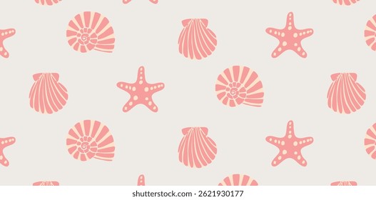 Padrão de verão sem costura com conchas desenhadas à mão e estrelas-do-mar em cores pastel. Design marinho simples com conchas estilizadas e motivo subaquático. Ideal para impressão, têxtil, embalagem, decoração.