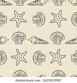 Seamless summer pattern with hand drawn seashells, starfish and marine elements on beige background. Nautical linear design for kids textile, wrapping paper, wallpaper, scrapbooking, beach style.