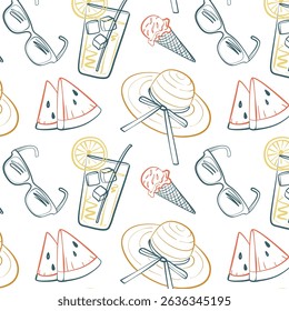 Seamless summer pattern with hand drawn line art of sunglasses, ice cream, lemonade, hat, and watermelon.