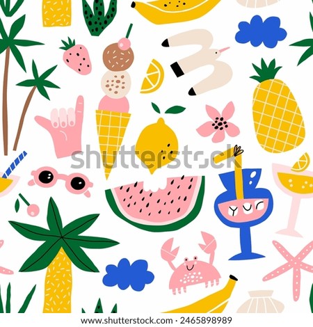 Seamless summer pattern with hand drawn beach elements. Vector illustration