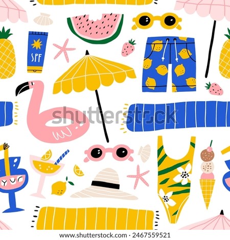 Seamless summer pattern with hand drawn beach elements. Vector illustration